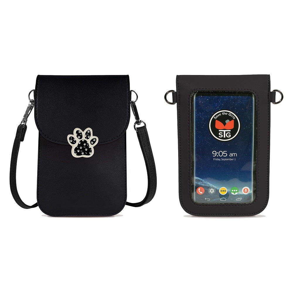 Black dog paw phone crossbody pouch with adjustable strap and front paw badge