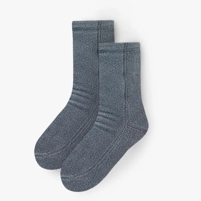 Soft grey fleece crew socks pair, stitched toe and heel, crew height