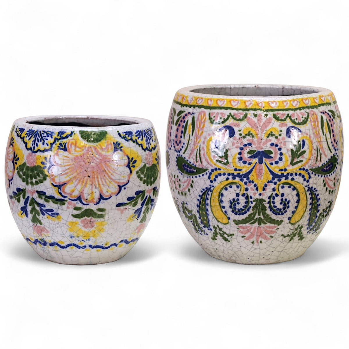 Crackle glaze floral pattern terracotta planter with multicolor raised designs, round