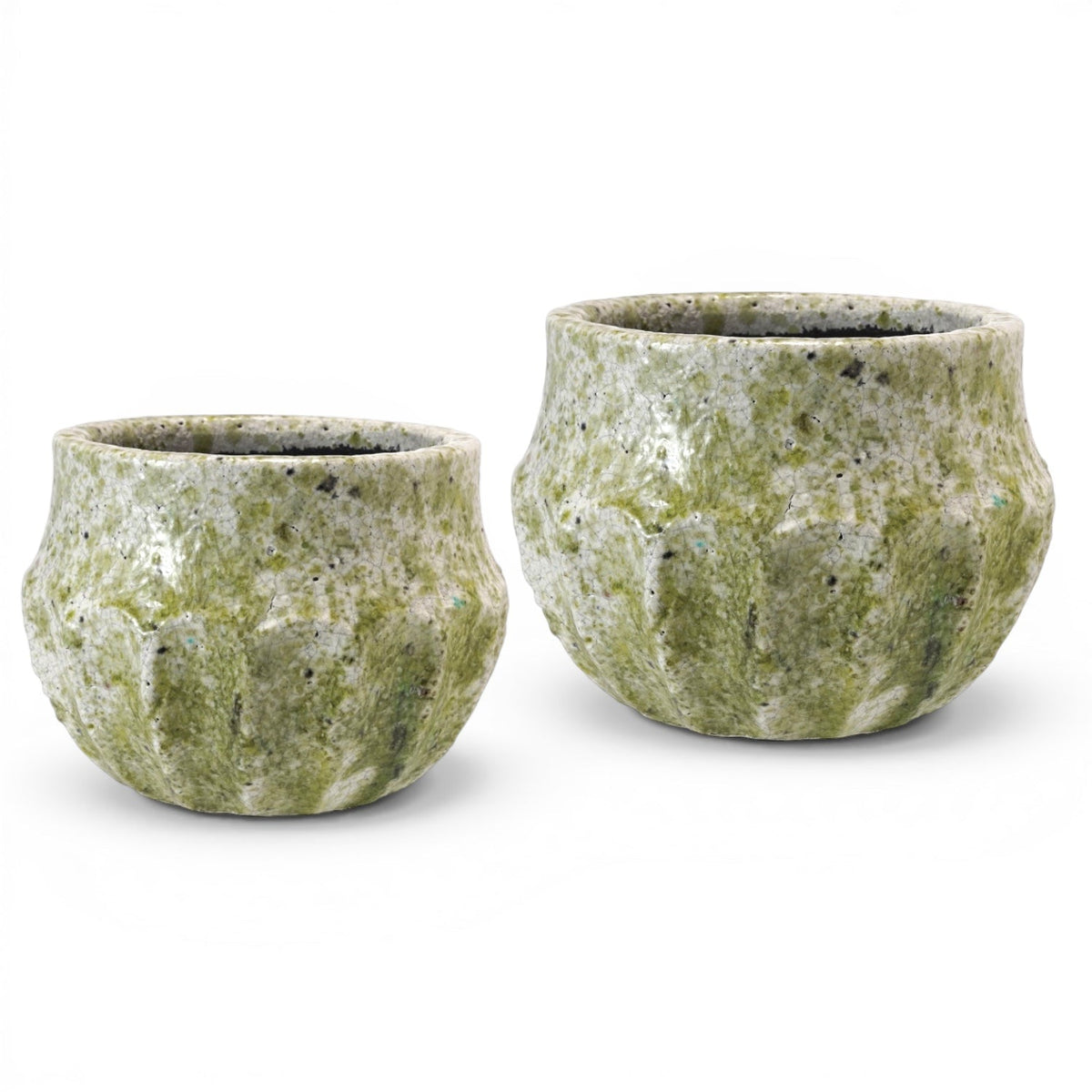 Green speckled crackle-glaze terracotta planter set of two, rounded bowl shape