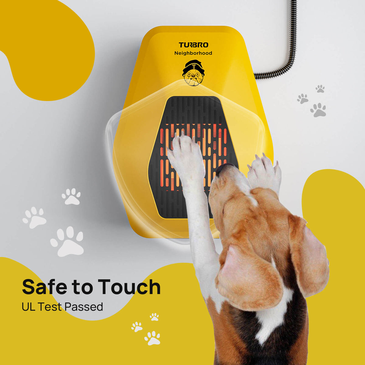 Yellow wall-mount dog house heater with touch-safe outer shell and front grille