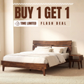 Solid wood bed frame with slatted headboard and matching nightstand in walnut