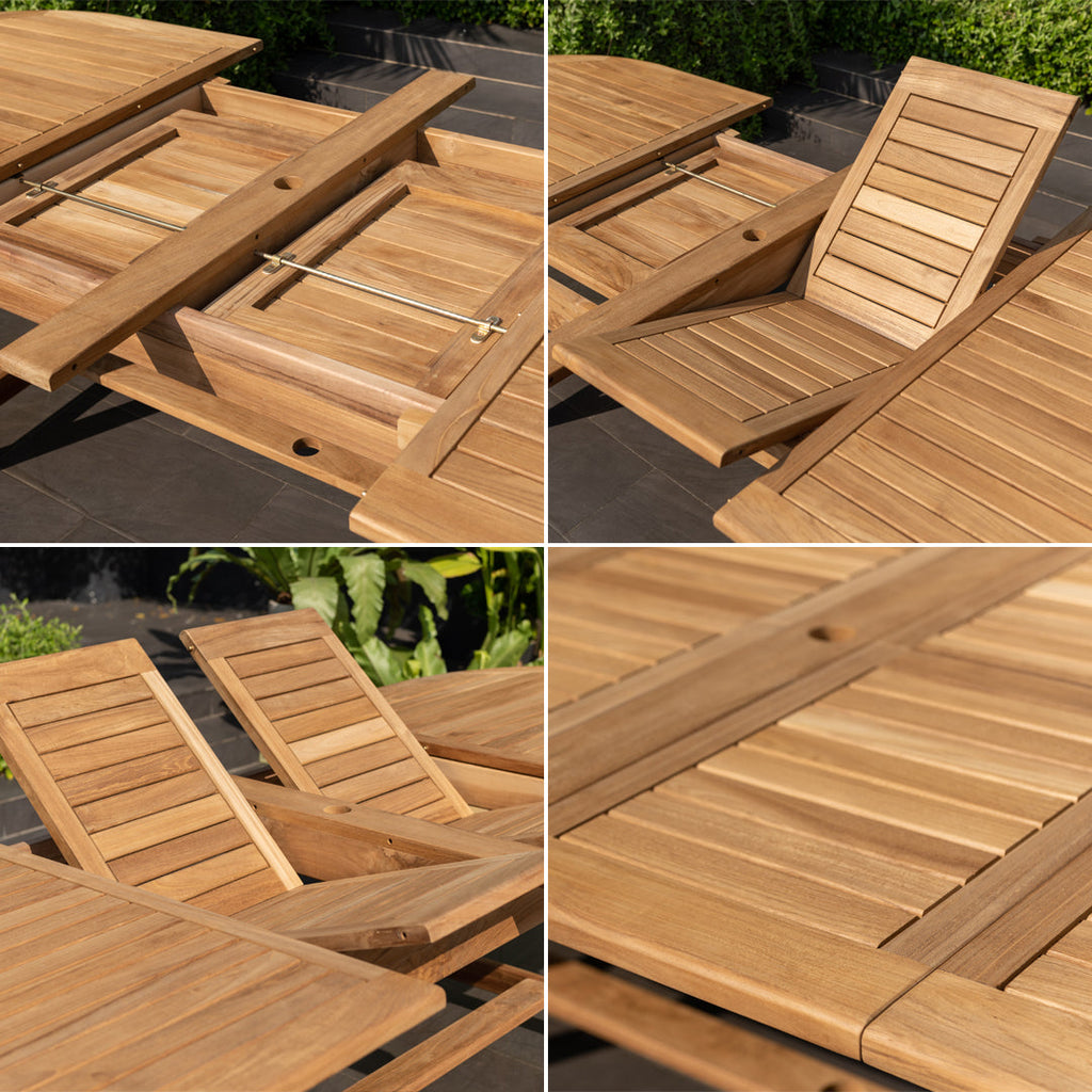 Extendable teak dining table top with slatted panels and hinge/locking tracks
