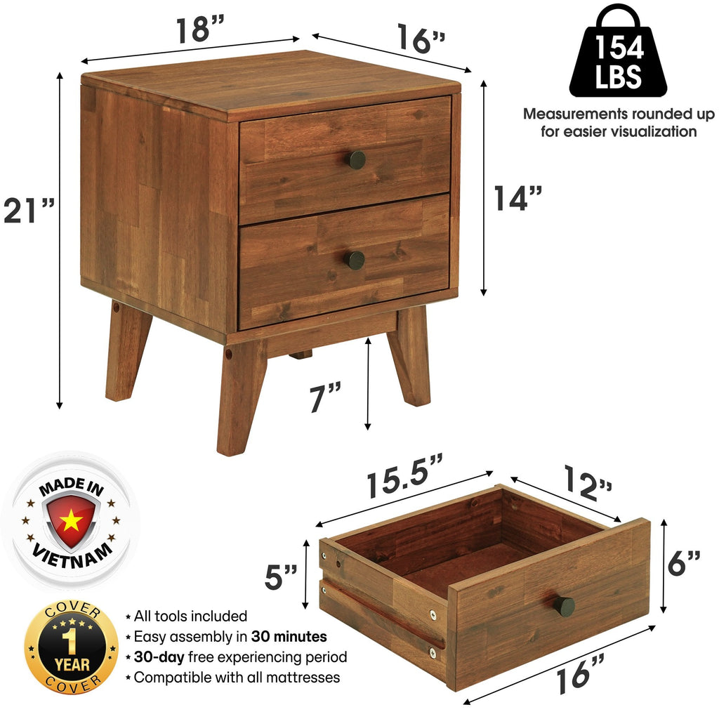 Solid wood nightstand with two drawers, shown with size and weight measurement graphics.