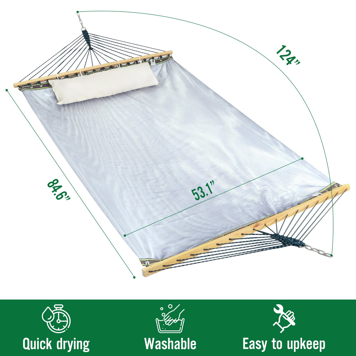 Light fabric hammock with stand and wooden spreader bar with suspension ropes
