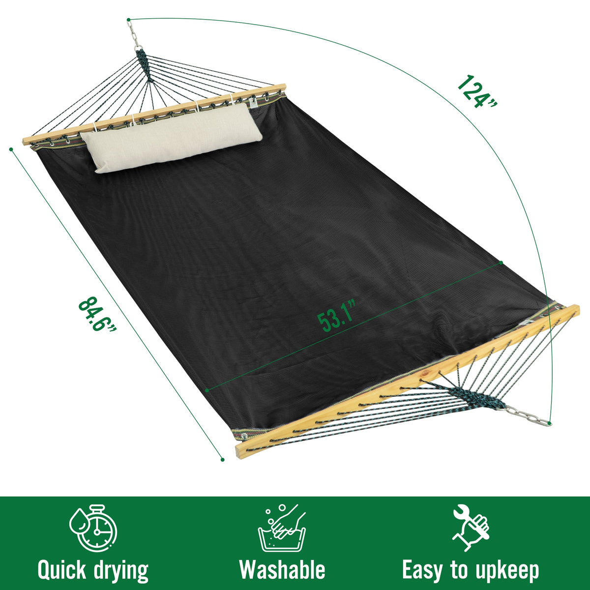 Black hammock bed with attached beige pillow and multicolor rope, laid on stand