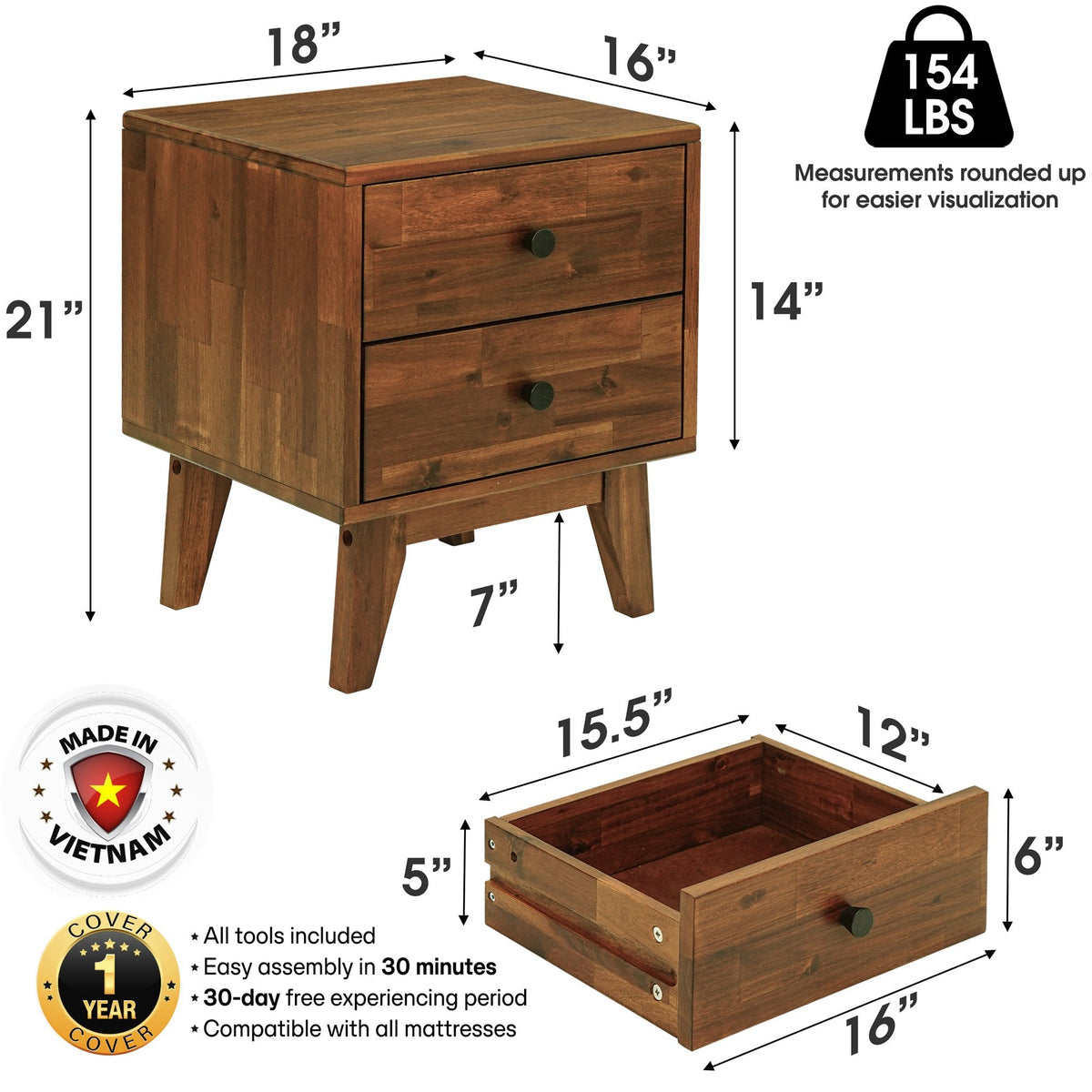 Solid wood nightstand with two drawers, round knobs, and angled legs