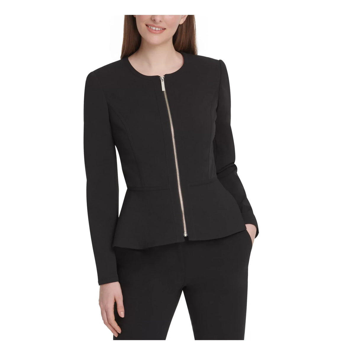 Black zip-front peplum jacket, long sleeves, peplum detail at waist