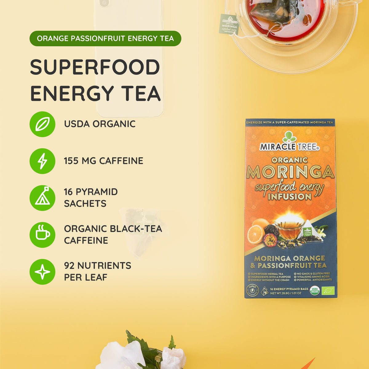 Organic moringa energy tea box with orange passionfruit energy details