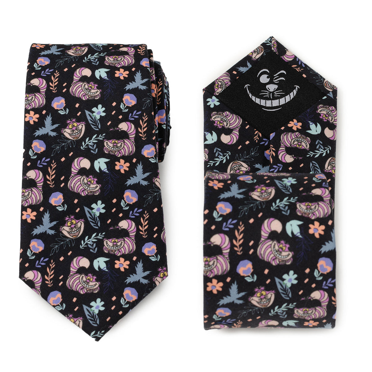Black men's tie with colorful Cheshire Cat illustrations and leaf-and-flower shapes