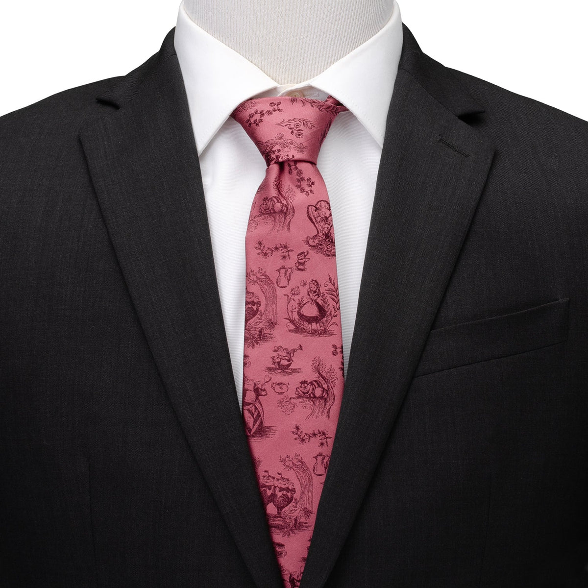 Dusty red printed necktie with whimsical fantasy character scene pattern