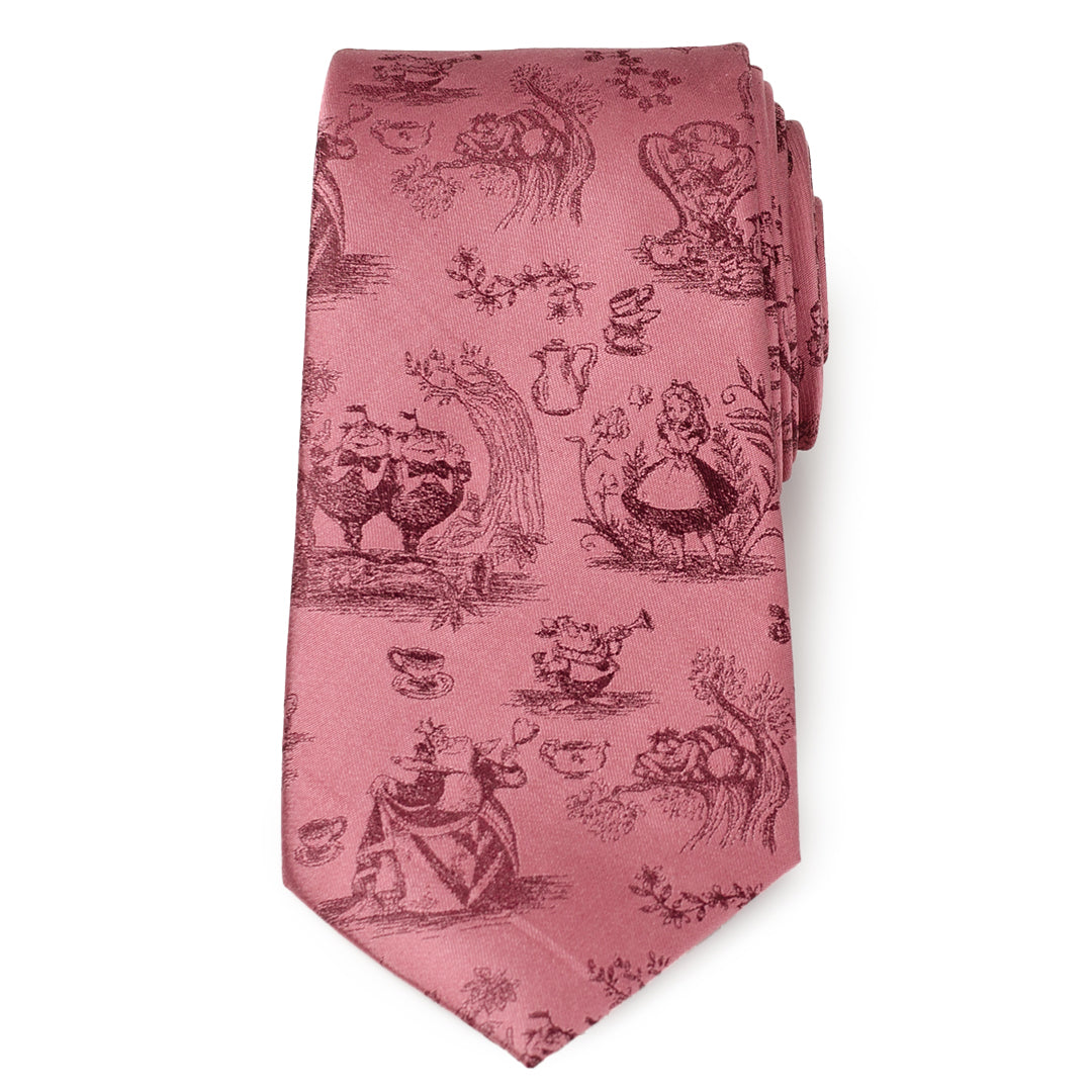 Dusty red men's necktie with scattered whimsical character-and-animal illustration print