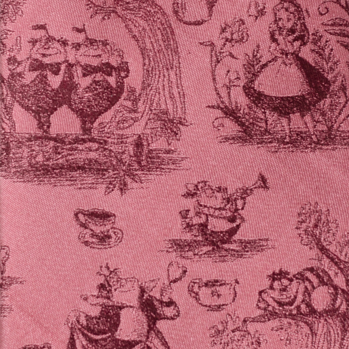 Close-up dusty red necktie fabric with dark character illustration pattern