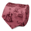 Dusty red men's necktie with allover illustrated characters and objects pattern
