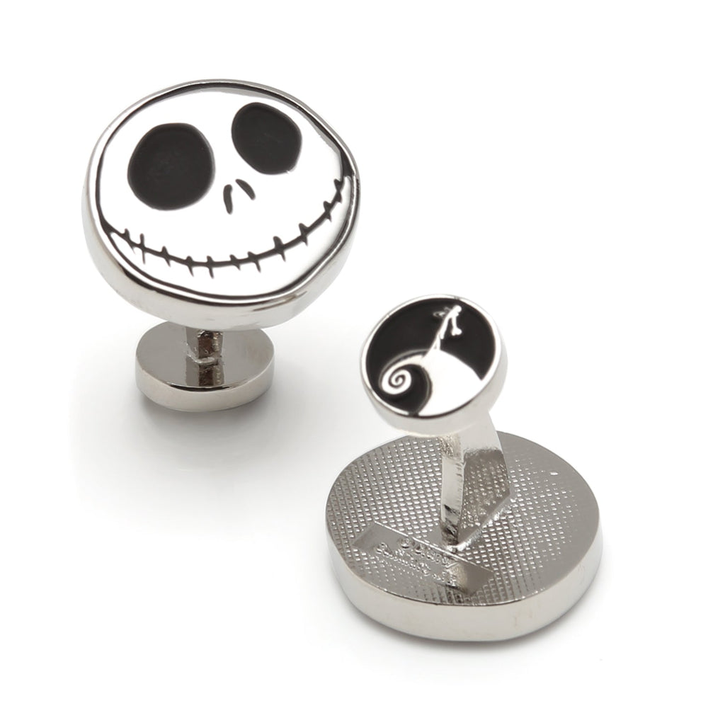 Round silver cufflinks with black Jack Skellington skull face emblems