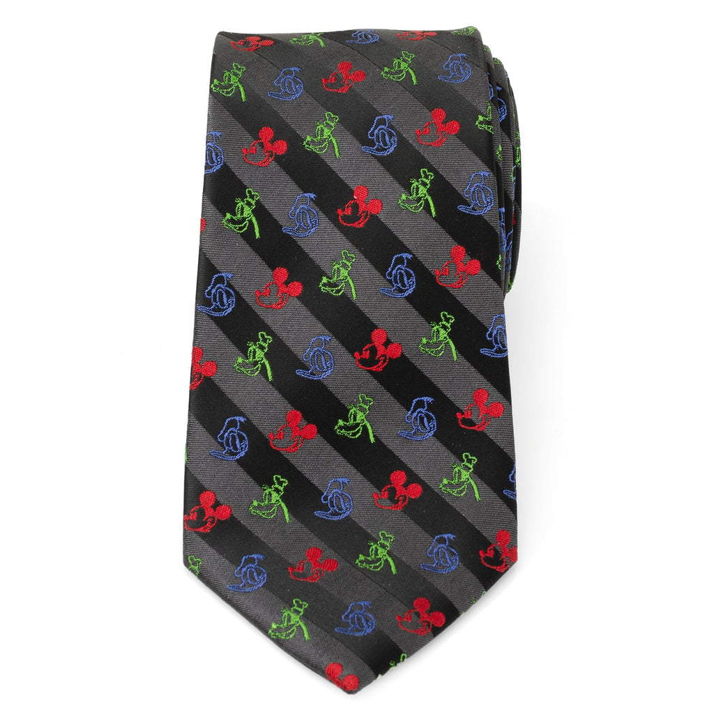 Black diagonal-stripe men’s tie with colorful character icons