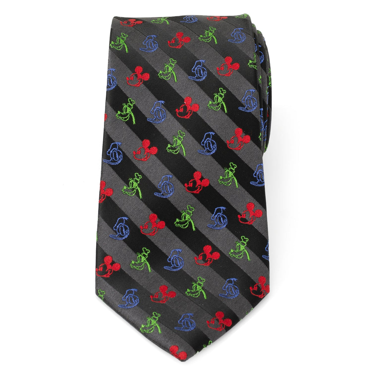 Black diagonal-stripe men’s tie with colorful character icons