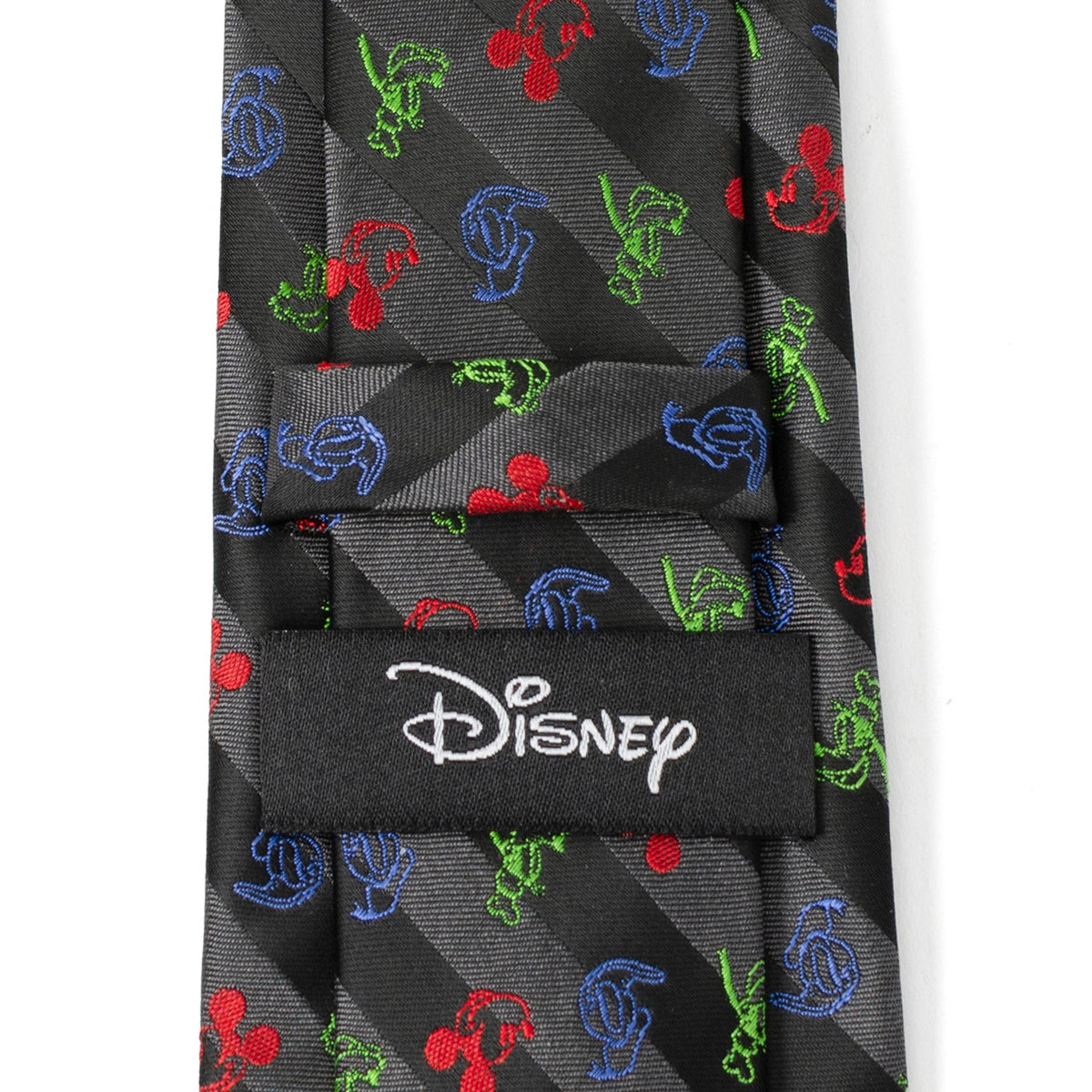 Black tie detail with Disney label and colorful character icons