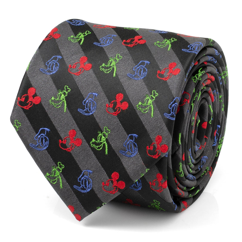 Black men’s tie with colorful character icons and diagonal stripe pattern