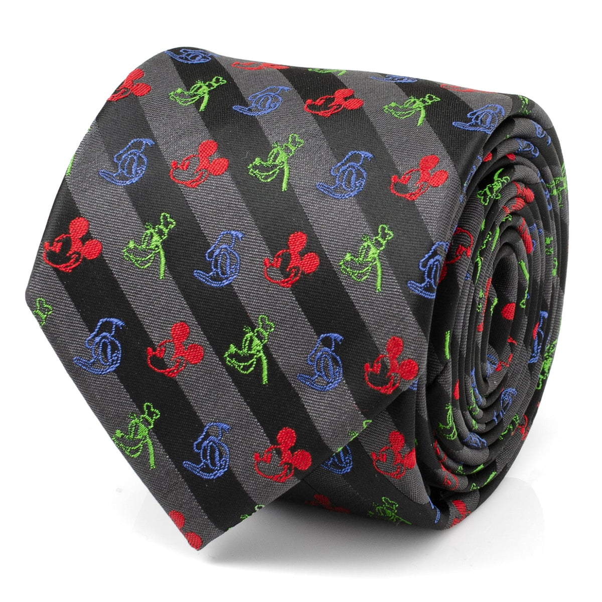 Black men’s tie with colorful character icons and diagonal stripe pattern