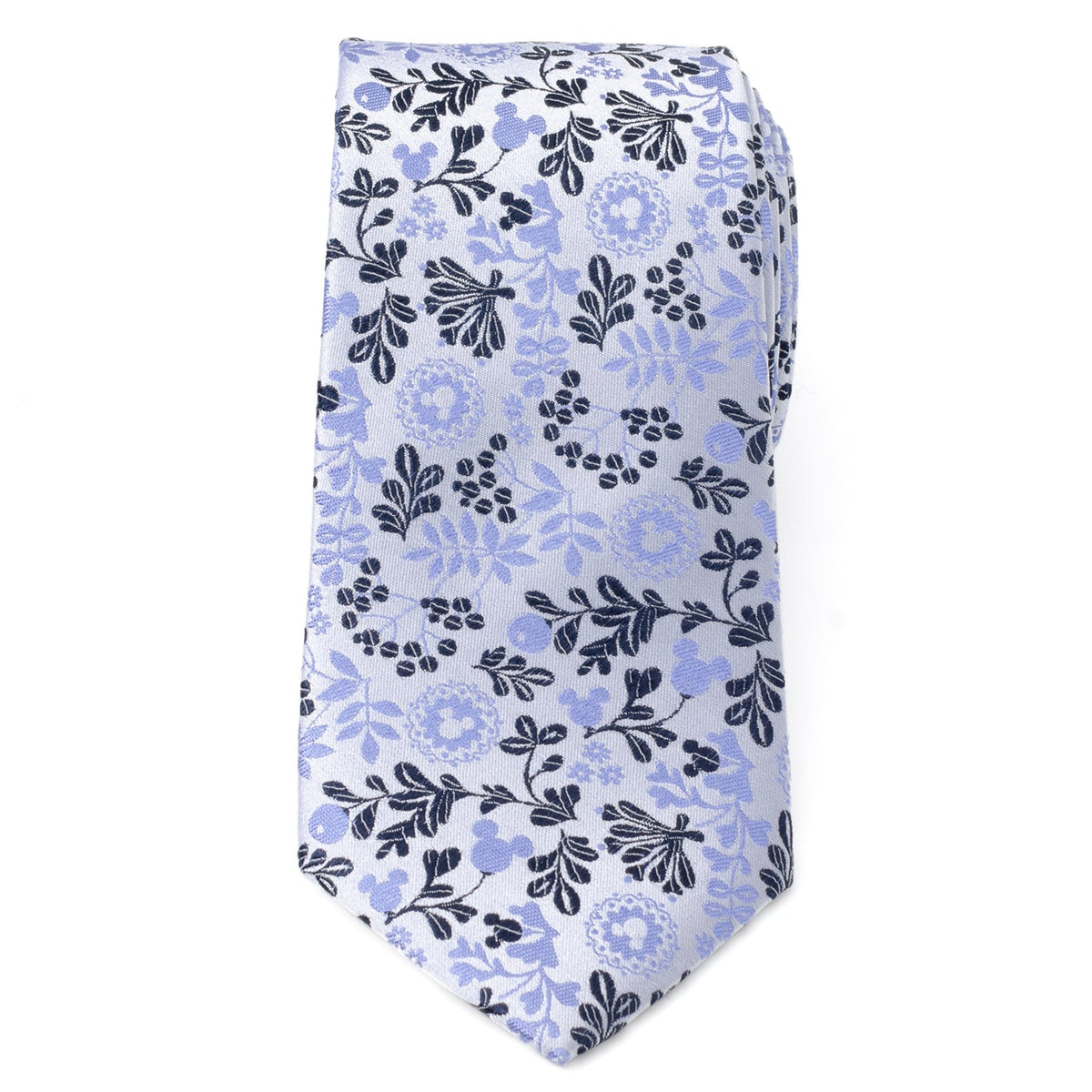 Blue and white floral necktie with dark leaf pattern, pointed end