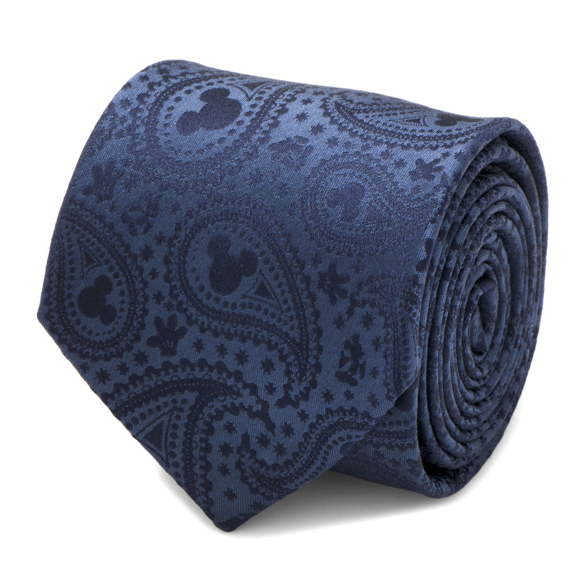 Navy paisley men's tie with Mickey Mouse icon pattern