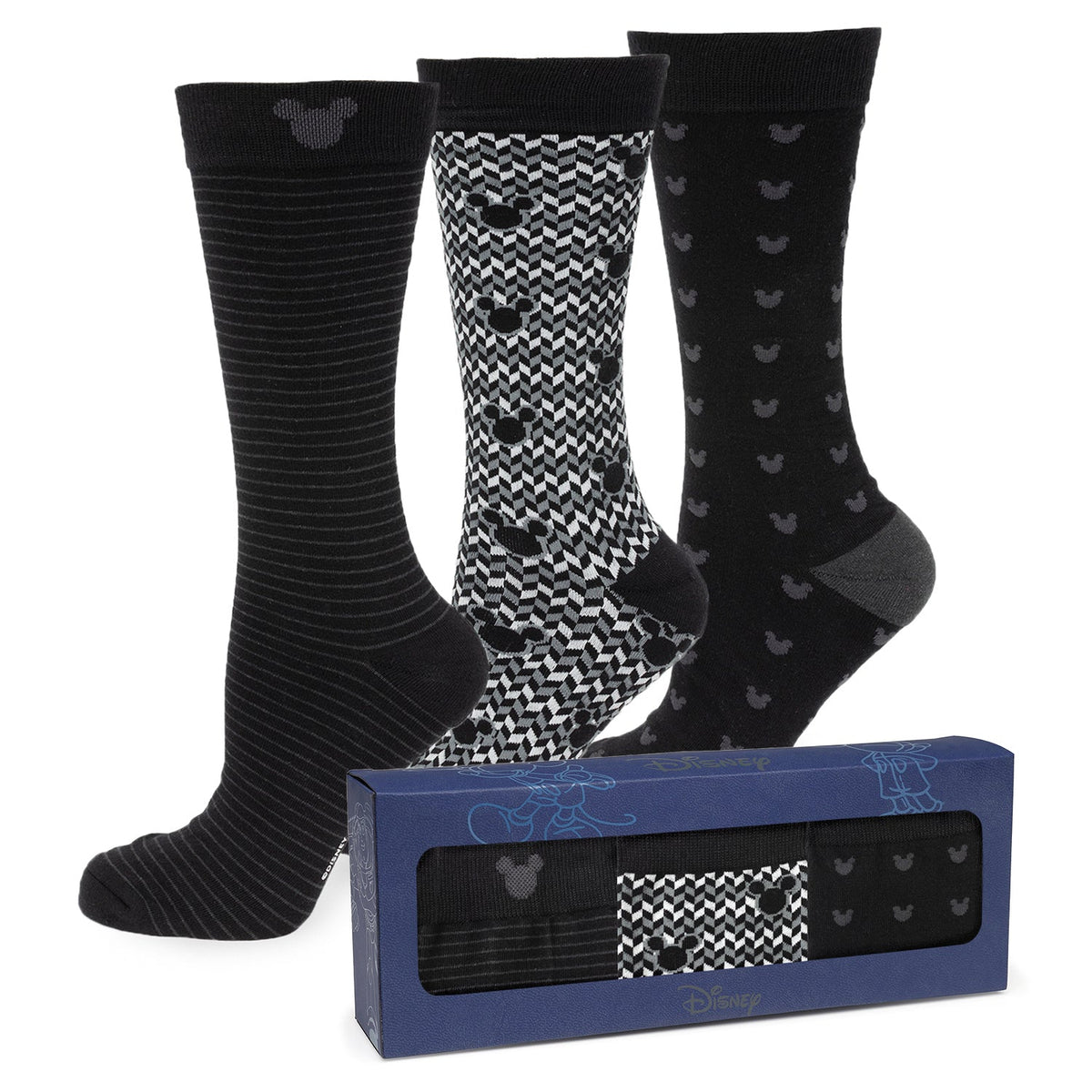 Three pairs of black Mickey-pattern socks with gift box, featuring striped and checker styles