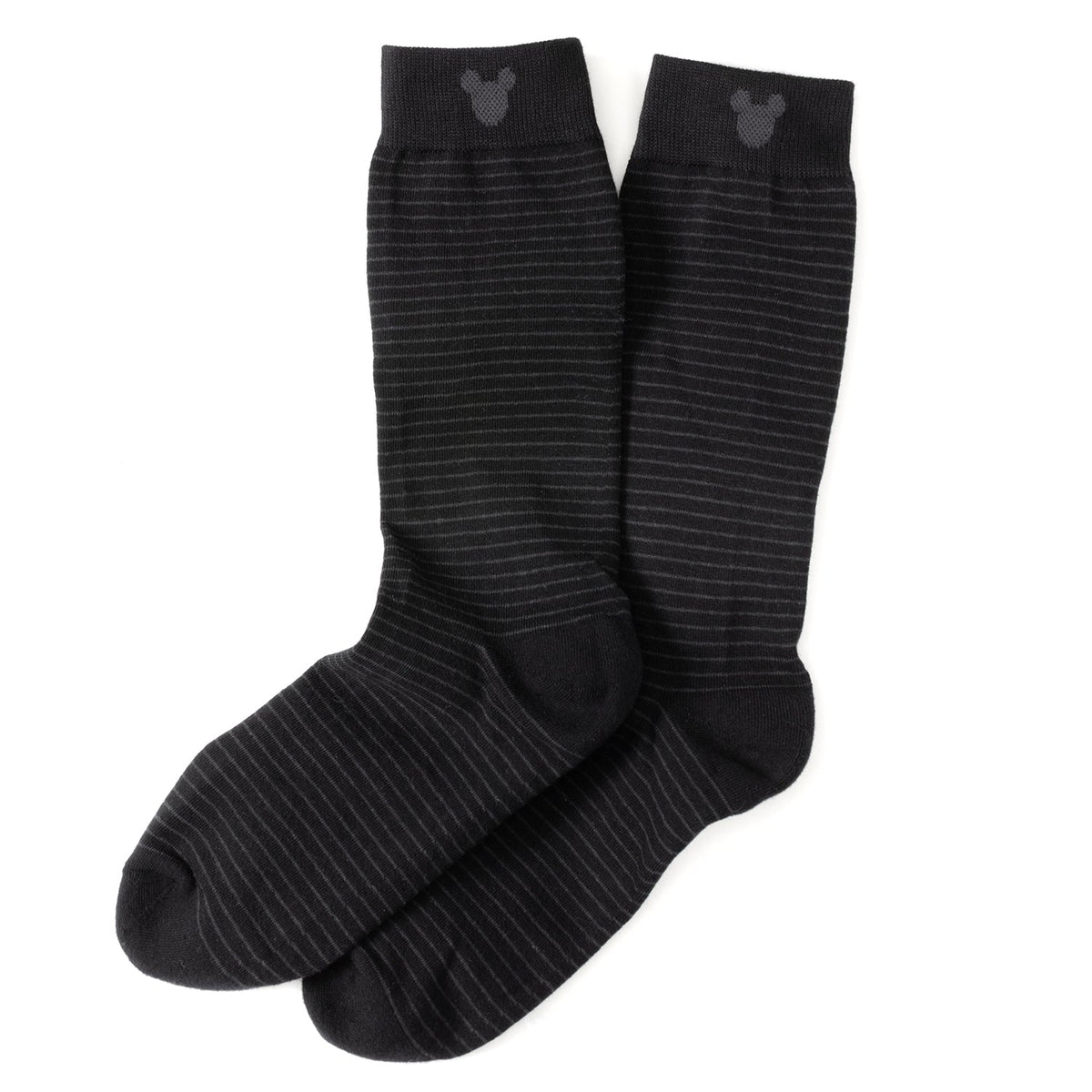 Two black Mickey-striped socks, ribbed texture with subtle silhouette pattern