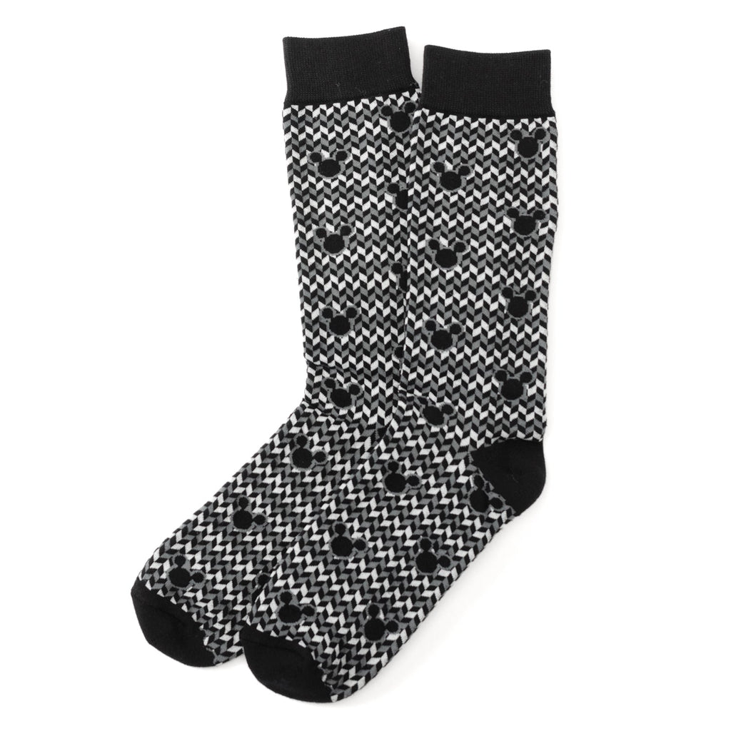 Black-and-white checkerboard Mickey socks with small silhouette circle accents