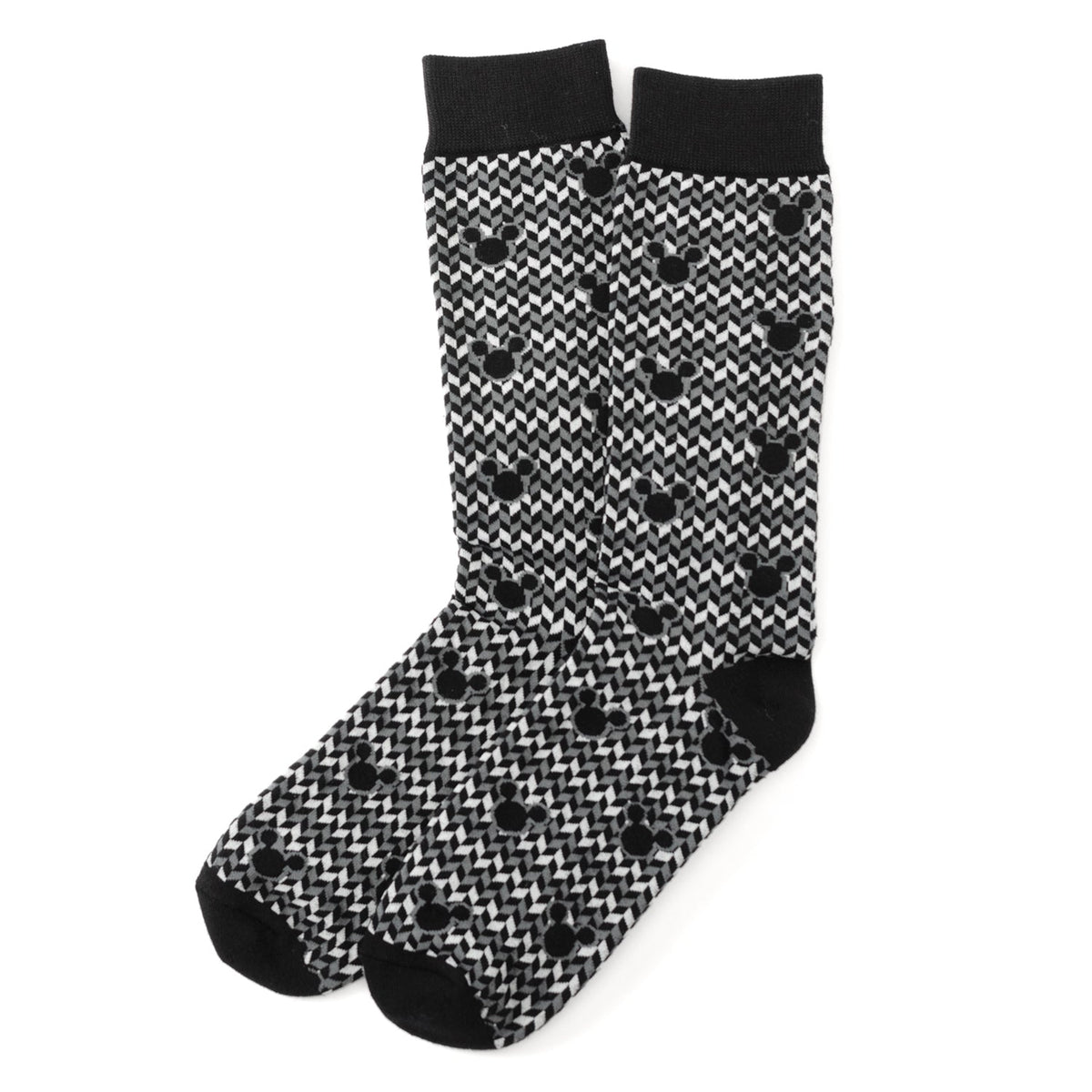 Black-and-white checkerboard Mickey socks with small silhouette circle accents