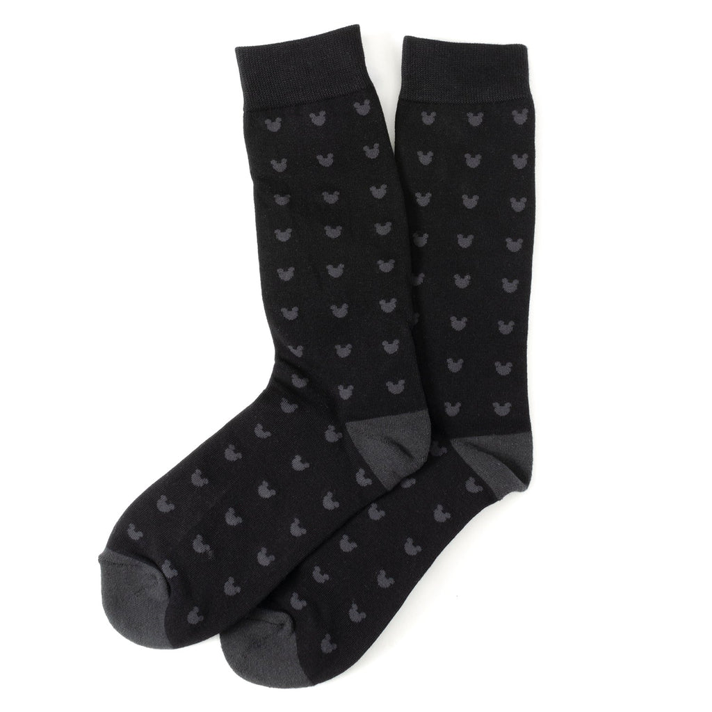 Two dark gray Mickey-head socks with small repeating silhouette pattern