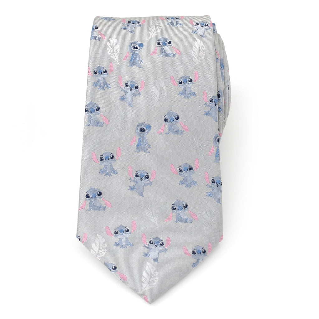 Light gray tie with repeating Stitch characters and pink details