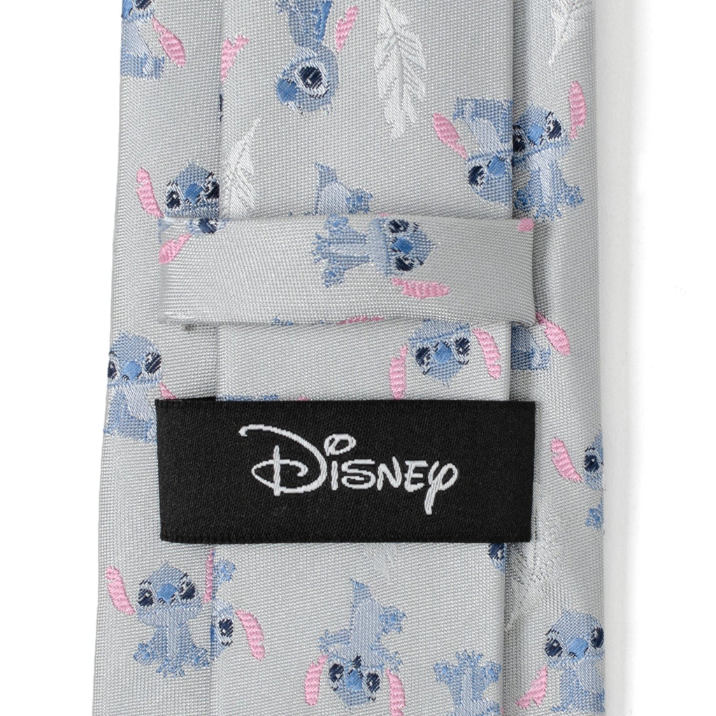 Disney label on light gray tie with Stitch pattern and pink accents