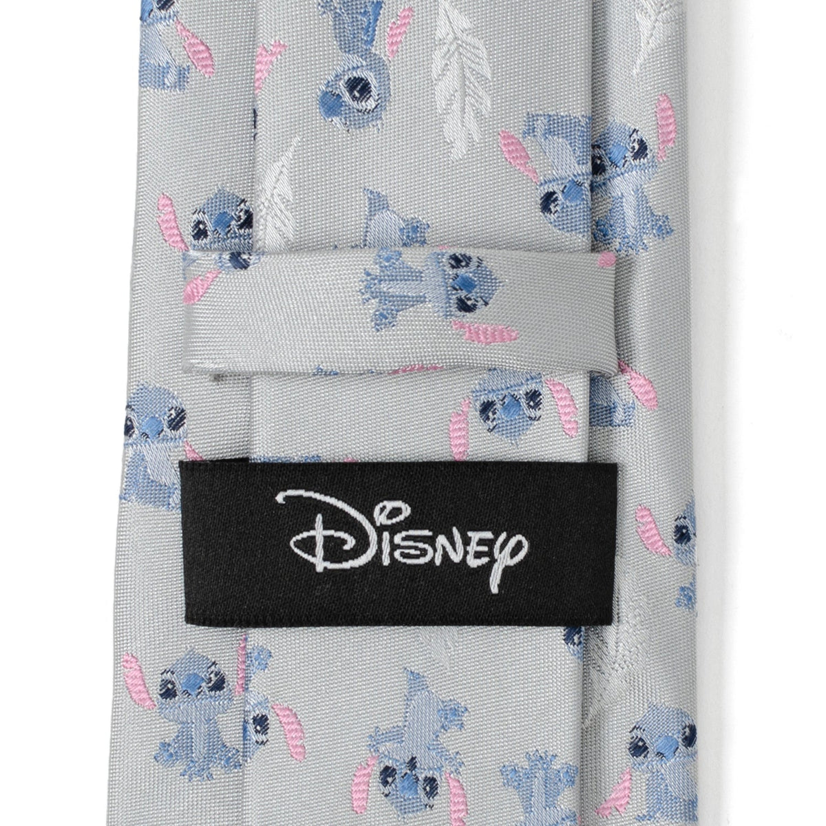 Disney label on light gray tie with Stitch pattern and pink accents