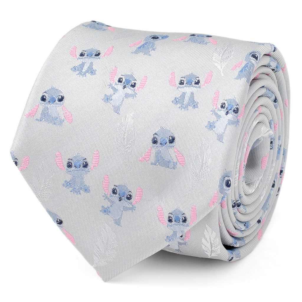 Light gray men's tie with blue Stitch characters and pink accents