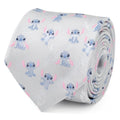 Light gray men's tie with blue Stitch characters and pink accents