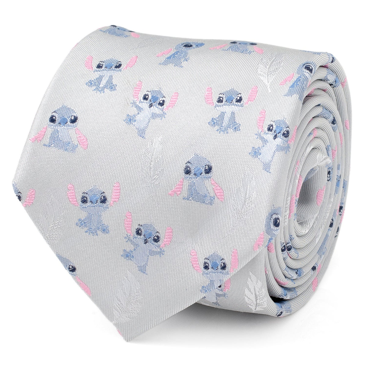 Light gray men's tie with blue Stitch characters and pink accents