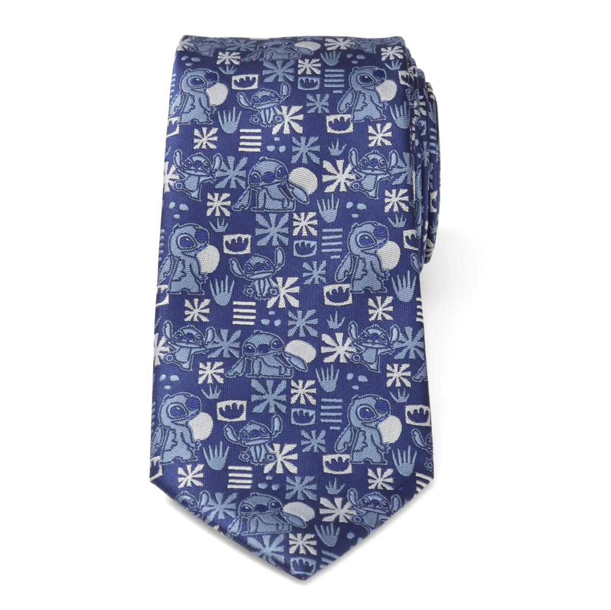 Men's blue necktie with repeated Stitch character and winter icons pattern
