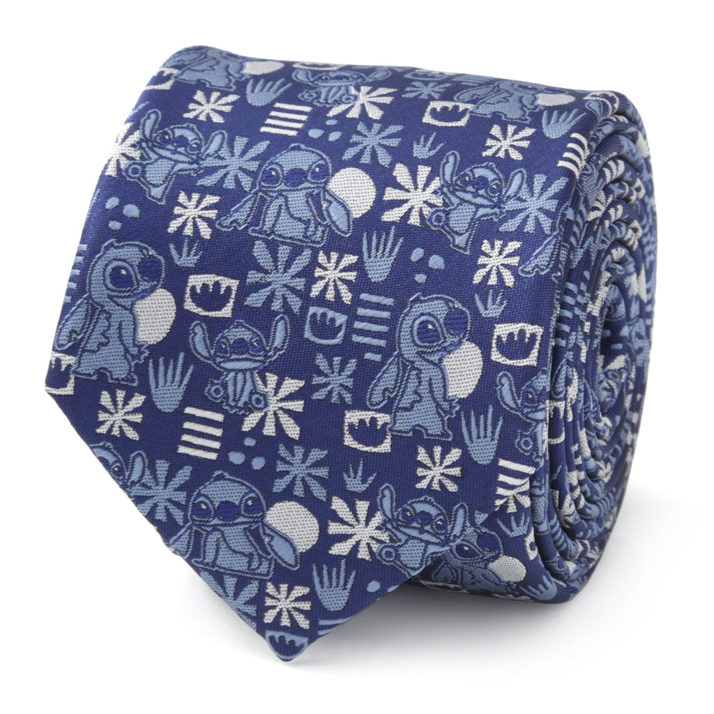 Men's blue tie with Stitch characters and white snowflake pattern