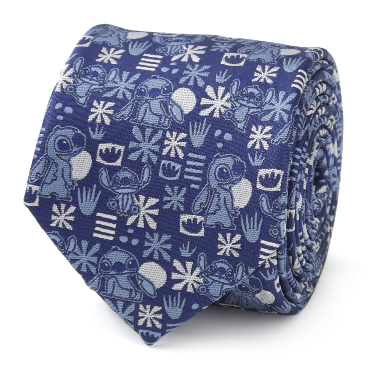 Men's blue tie with Stitch characters and white snowflake pattern