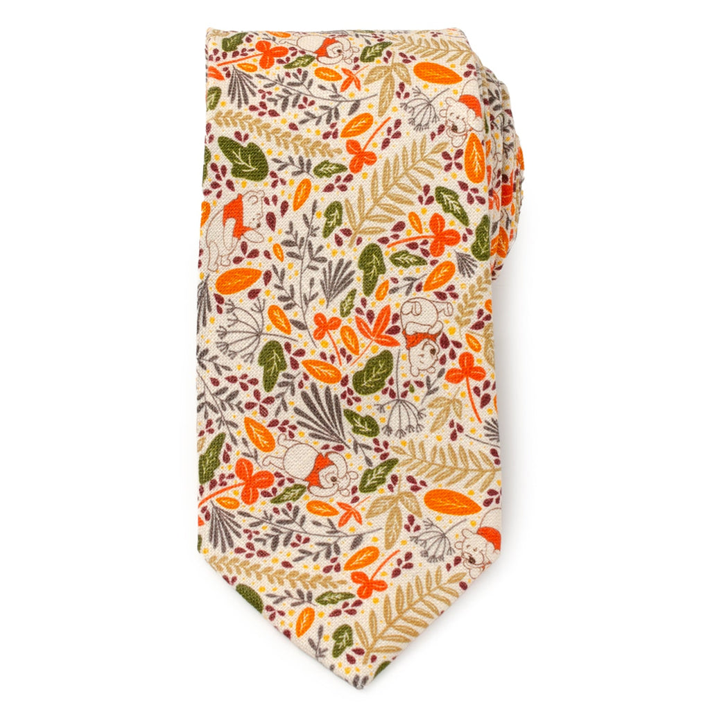 Men's tan patterned necktie with Winnie the Pooh and botanical-style motifs