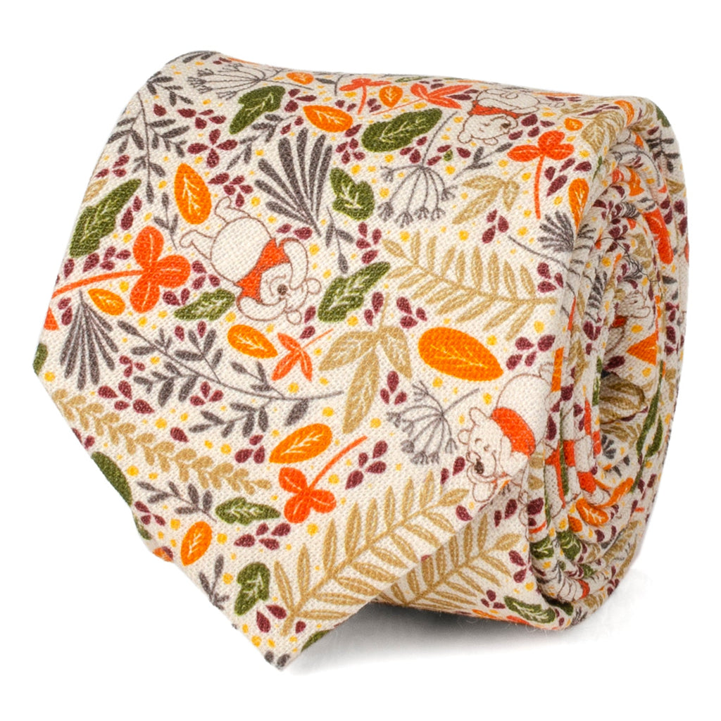 Men's tan patterned necktie with Winnie the Pooh, orange and green accents