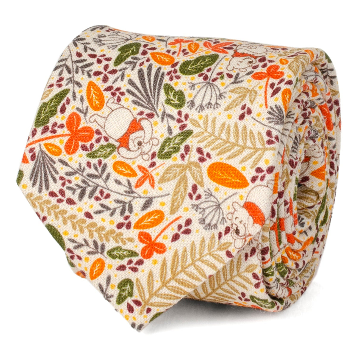 Men's tan patterned necktie with Winnie the Pooh, orange and green accents