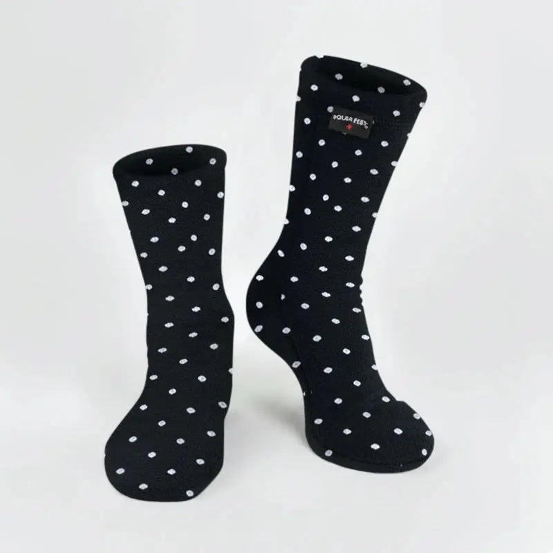 Black fleece socks with small white polka dots, crew length