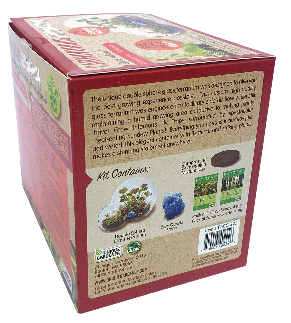 Terrarium kit box showing contents, planting instructions, and seed packets