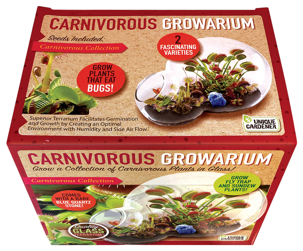 Carnivorous Growarium kit box showing the terrarium and included seed varieties