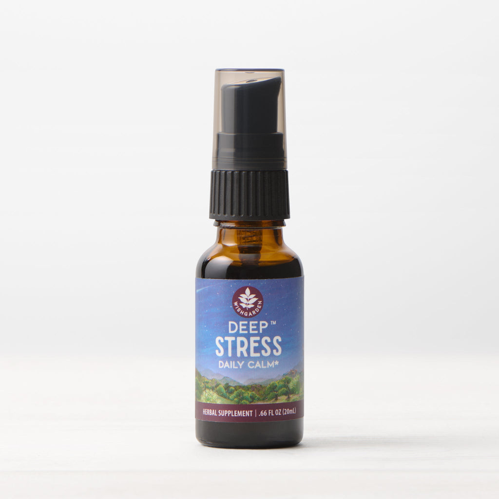 Deep Stress daily calm herbal spray bottle with amber glass and black pump