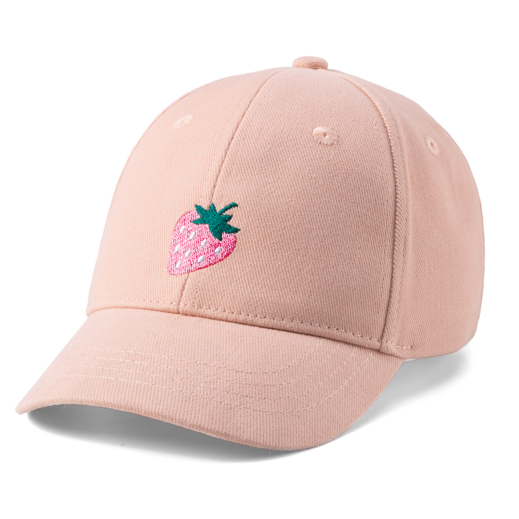 Pastel pink girls baseball cap with embroidered strawberry patch front and curved brim
