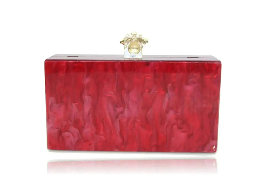 Red acrylic box clutch with jeweled bee top and hinged closure