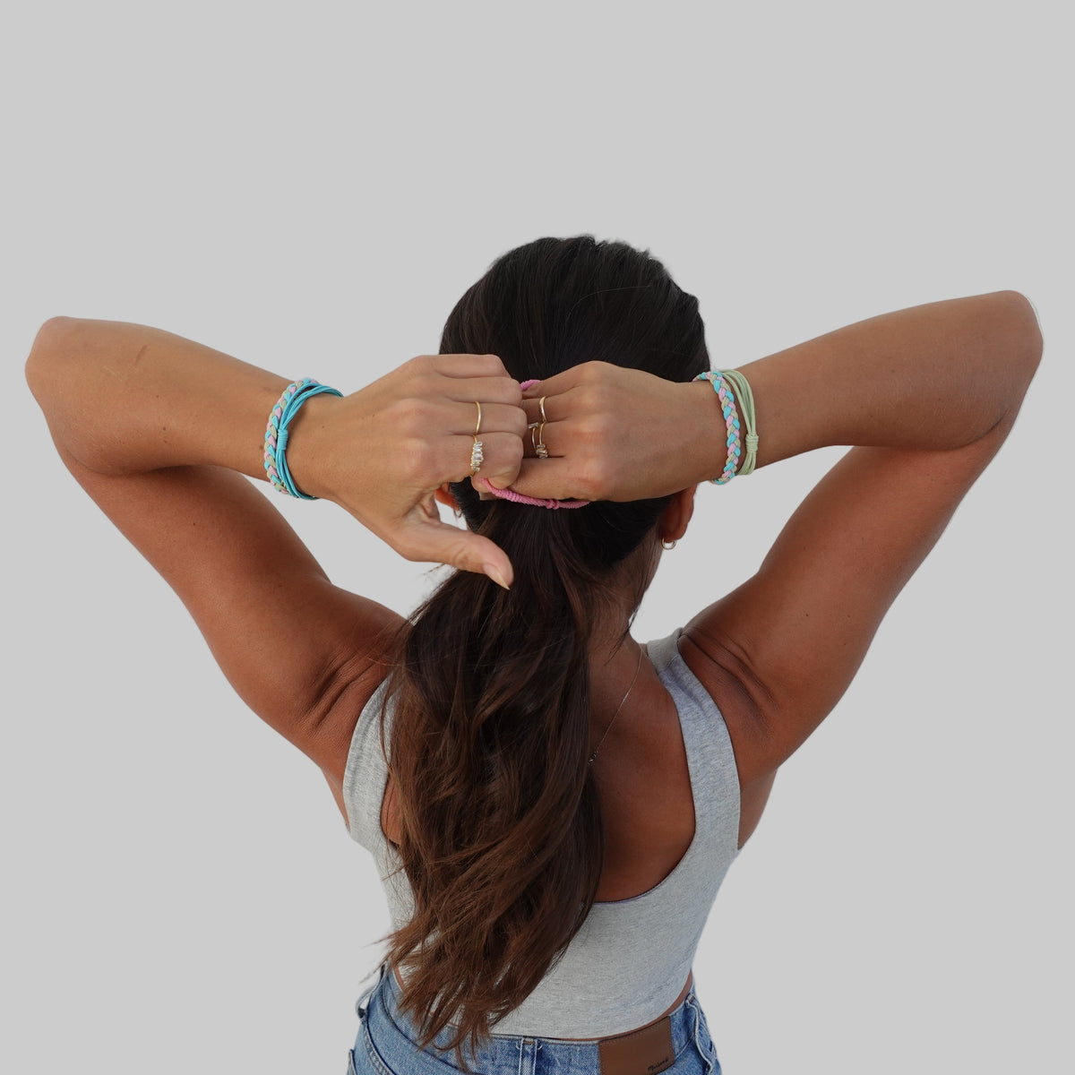 Woven hair tie bracelets worn on wrist, multi-color braided bands with gold charms